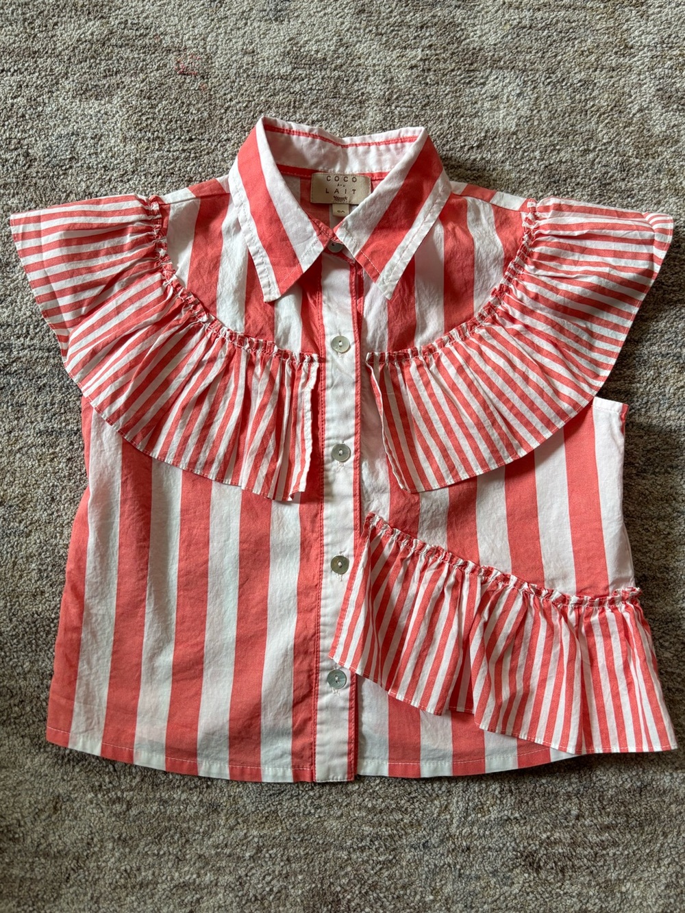 Girls' Coral and White Ruffle Button-Up Top